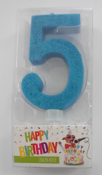 Zahlenkerze 9,5 cm - Glitter blau - Zahl 5